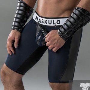 MASKULO Fetish Sports Shorts, Zip Rear, Detachable Codpiece,Navy w Black, 2XL=40